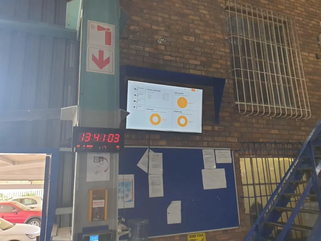 CrewPulse management dashboard displayed on a monitor mounted on a factory wall