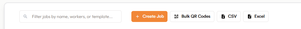 The Jobs table toolbar in CrewPulse showing Create Job, Bulk QR Codes, CSV, and Excel buttons.