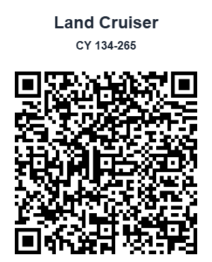 An example CrewPulse resource QR code labelled with the vehicle name Land Cruiser and registration CY 134-265.